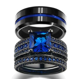 LOVERSRING His and Hers Wedding Ring Sets Couples Rings Women 10K Black Gold Filled Blue Cz Wedding Engagement Ring Bridal Sets Men's Stainless Steel Wedding Band, stone crystal, Agate