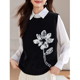 Wowcarbazole Women's Sweater Vest Crew Neck Sleeveless Ribbed Knitwear Casual Trendy Floral Knitted Vest Pullover Top(Black-S)