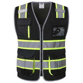 JKSafety 9 Pockets Hi-Vis Mesh Safety Vest for men and women | Chaleco reflectante de seguridad | Zipper Front | Multiple Pockets | Class 1 (140-Black M)