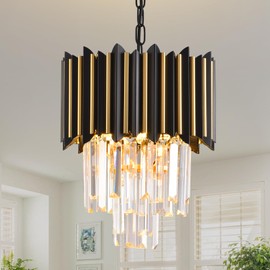 Black and Gold Chandelier Gold Modern Crystal Chandelier Light Fixtures Dining Room Chandelier 3-Light Round Small Crystal Ceiling Hanging Pendant Light Fixture Kitchen Island entryway Foyer Bedroom