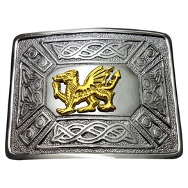 Welsh Dragon Design Kilt Belt and Buckle Set - Handmade Leather Kilt Belt featuring a Plain Design/Antique Celtic Knot Kilt Belt with Buckle (Chrome and Gold, XXXL)
