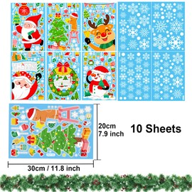 Christmas Window Clings 10 Sheets Christmas Window Stickers Film Decoration Santa Claus Snowman Reindeer Xmas Snowflake Socks, Double Side Window Decals for Party Winter Holiday (Style A)