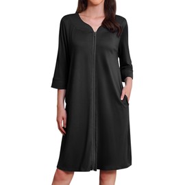 Ekouaer Robes for Women 3/4 Sleeves Housecoat Lightweight Sleepwear Zipper House Dresses with Pockets S-3XL(Black, X-Largel)