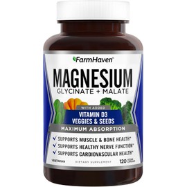 FarmHaven Magnesium Glycinate & Malate Complex w/Vitamin D3, 100% Chelated for Max Absorption, Vegetarian – Bone Health, Nerves, Muscles, 120 Capsules, 60 Days