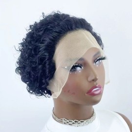 Pixie Cut Wig 13X4 Frontal Lace Wig Human Hair Transparent Lace Wigs 180% Density 13X1 Lace Front Human Hair Wig for Womenstyle: Deep Wave, color: Natural Black, stretched length: 6 INCHES, Lace Size: 13x1