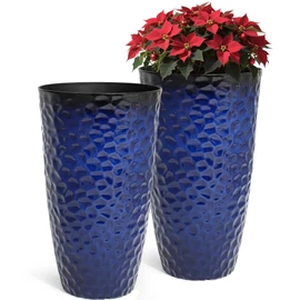 Ultym 23.75" H Large Tall Outdoor Planters, Set of 2 Plastic Large Flower Pots for Outdoor Plants, Gradient Cobalt Blue Honeycomb Textured, Weather-Resistant for Porch, Garden, Patio or Indoor Use