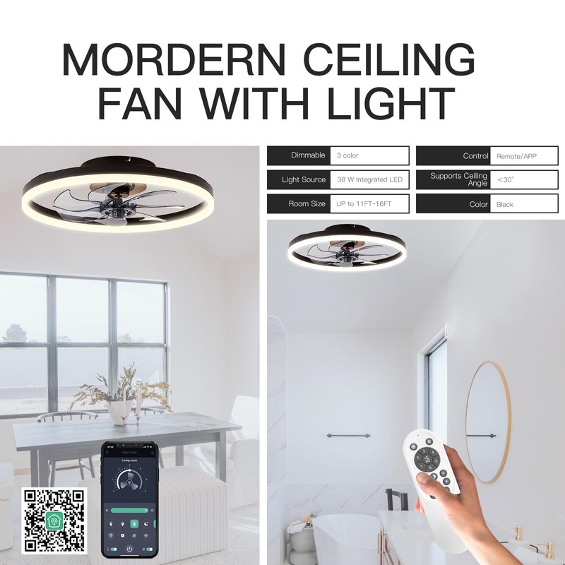 STERREN 20'' Modern Low Profile Ceiling Fan with Light, Bedroom