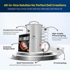 Deli Meat Press Mold for Deli Meats - Make Your Own Healthy Homemade Ham with This Stainless Steel Lunch Meat Press - Our Ham Maker Includes Bonus Meat Thermometer, Recipes and 10 Cooking Bags
