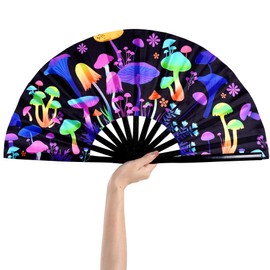 Nydotd UV Glow Rave Fan Large Handheld Folding 13 Inch Bamboo Festival Clack Foldable Dance Hand Fan with Mushrooms Pattern UV Glow Edm Fans for Men and Women Rave Outfits Performance Party
