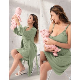 SUNNYBUY Women's Nursing Nightgown Maternity Robe Set, 3 in 1 Labor Delivery Breastfeeding Dress Postpartum Sleepwear, Greyish-green L