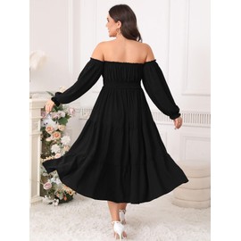 Women's Plus Size Maxi Dress Boho Off Shoulder Long Sleeve Smocked High Waist Side Split Flowy A Line Tiered Summer Dress Black