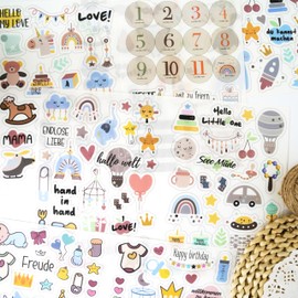 4 Sheets Baby Boy Scrapbook Stickers - Newborn Journal Stickers for Memory Book, Baby Shower, Milestone, Planner - Cute Pastel Decals with Animals, Toys, Balloons & Lettering