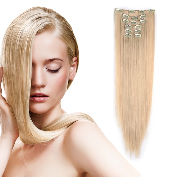 Onedor 24" Straight Synthetic Clip in Hair Extensions. 7 individual pieces for multiple styles.140g (613#-Pre Bleach Blonde)