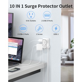 Outlet Extender 6 AC Surge Protection 1050J,Wall Charger 2 USB A&2 USB C