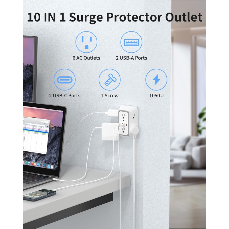 Outlet Extender 6 AC Surge Protection 1050J,Wall Charger 2 USB
