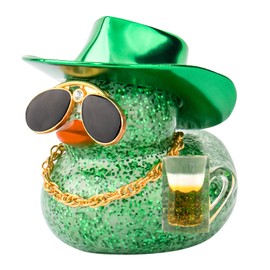 wonuu Car Decorations Beer Rubber Ducks, Dashboard Rubber Ducky for Car Ornament Cute Duck with Laser Cowboy Hat, Glasses, Necklace, Green