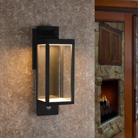 Inowel Motion Sensor Outdoor Wall Lantern for Garage House Black LED Porch Lights Wall Mount Exterior Light Fixture with Glass,13W 750LM