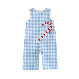 xkwyshop Newborn Baby Boy Christmas Outfit Candy Cane Embroidery Romper Jumpsuit Plaid Sleeveless Bodysuit Playsuit Clothes (Blue, 12-18 Months)