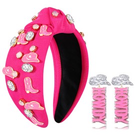 NVENF Knotted Headbands for Women, Western Cowgirl Headbands Rhinestone Crystal Knotted Headbands Cowboy Boot YEEHAW Beads Embellished Headbands Western Accessories(Hot Pink)