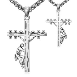 Lattd Cross Necklace with John 1:4 925 Sterling Silver Lineman Cross Pendant Christian Jewelry for Men, w/Stainless Steel Chain 22'' + 2''