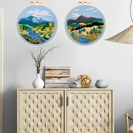 JIAMIAN 4PCS Embroidery Set, Landscape Pattern Embroidery Material, Includes Pattern Embroidery Cloth, Embroidery Thread, Needles, and Hoop Tools, Suitable for Beginners and Embroidery Enthusiasts