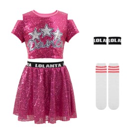 LOLANTA Girls Sequin Dance Outfits Glitter Jazz Hip Hop Dance Wear Crop Tops with Skirt 5-12 Years, pink