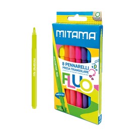 Mitama Fluo Felt Tip Pens - Case of 8 Felt Tip Pens - Neon Colours - Choking Cap - Medium Tip 3mm - School Colours - Crayons Pencil Case School