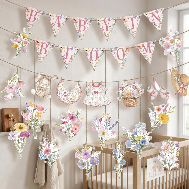Baby in Bloom Floral Banner Set, Pink Flower Baby Shower