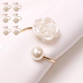 WOKHACH Decorative Napkin Rings Set of 6,Holders Decor Dinner Party,Wedding,Anniversary,Birthday,Table Decor Gift (White Pearl)