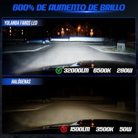 YOLANDA H11 H8 H9 LED Focos para Delantero, 280W 32,000LM 600% Brillo Faros | 6500K Blanco Kits de Conversión, Luz Baja o Niebla Luces, 2 Piezas