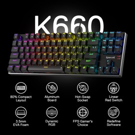 Redragon K660 (K556 TKL) RGB Wired Gaming Keyboard, 80% 87 Keys Mechanical Keyboard w/Aluminum Base, Upgraded Hot-Swap Socket and Noise Absorbing Foams, Quiet Linear Red Switch