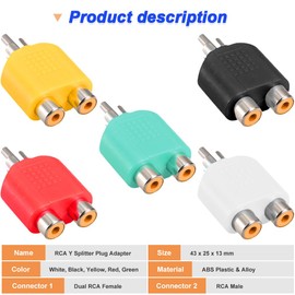 Xiatiaosann RCA Y Splitter Plug Adapter 1 Male to 2 Female, Colorful RCA Audio Converter for Audio, Video, AV, TV (10 Pack, 5 Color)