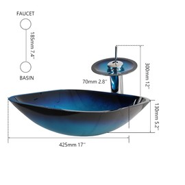 Lonuebu Bathroom Sink Set 17 Inch Artistic Sink with Faucet and Drain Combo Square Tempered Glass Vessel Sink for Bathroom Vanity Blue Vessel Sink Above Counter Bowl Sinks