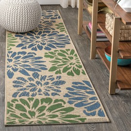 JONATHAN Y Zinnia Modern Floral Textured Weave Indoor/Outdoor Navy/Green 2 ft. x 8 ft. Runner Rug, Bohemian,EasyCleaning,HighTraffic,LivingRoom,Backyard, Non Shedding