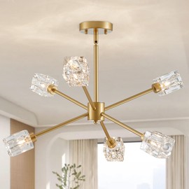 XINGQI Gold Ceiling Light 25.2" Sputnik 6-Light Modern Glass Chandelier Unique Ceiling Lighting for Dining Room Bedroom Entryway Powder Room Foyer Entryway