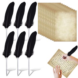 Feather Pen Set – 6 Black Vintage Feather Ballpoint Pens with 10 Sheets Double-Sided Thick Writing Paper, A4 Size, Elegant and Unique, Perfect for Writing, Crafts, Invitations, and Gifts
