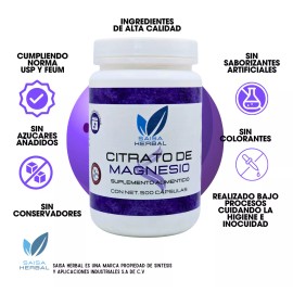 Saisa Herbal Citrato De Magnesio Y Citrato De Potasio 500 Cáps C/u. Sabor Sin sabor
