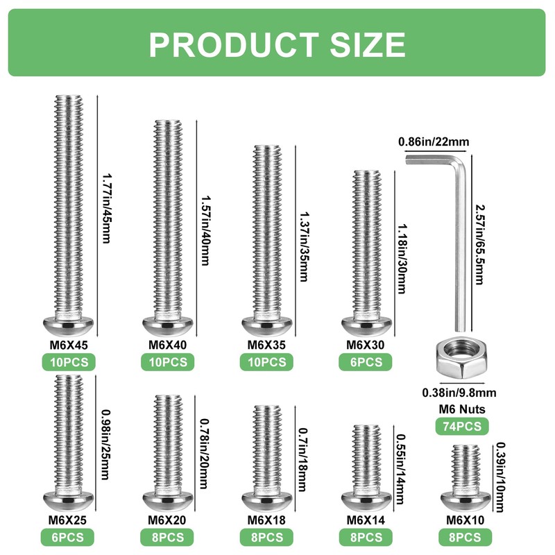 M6 Screws Set, 148 Pieces Rounded Head Hex Screws with