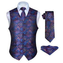 Hisdern Men's Paisley Floral Jacquard Waistcoat&Necktie and Pocket Square Vest Suit Set, Blue & Pink, L(Chest 46inch)