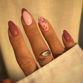 MERVF Almond Press on Nails Medium Fall Fake Nails Burgundy French Tip Stiletto Acrylic Nails Press ons with Leaf Design Gold Glitter Glue on Nails 24pcs Glossy