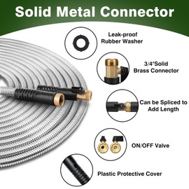 WHOBUY 100FT Metal Garden Hose 304 Stainless Steel Flexible Water Hose - No Kink & Tangle Heavy Duty Pipe with Nozzle, Durable 3/4 Brass Fittings and Valve - Rust Proof Puncture Proof for Yard Lawn