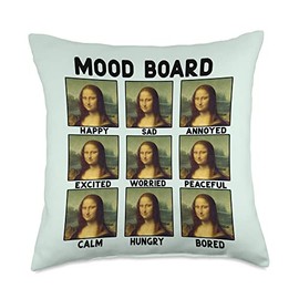 Funny Mona Lisa Memes Board Mona Lisa Moods and Feelings Art Happy Sad Meme Throw Pillow, 18x18, Multicolor
