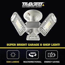 Triburst 5500 Lumen LED Light - 144 Bulbs, 360° Adjustable Panels, Super Bright (20x Standard Bulbs), Motion Sensor, Energy Saver, Easy Install for Garages, Basements, and More!