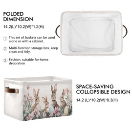 Pink Easter Bunny Rabbit Storage Basket with Waterproof Liner and PU Handles Happy Easter Day Eggs Lily Flowers Storage Bins Boxes 14.2" Collapsible Decorative Organizer Baskets for Closet 1 Pack