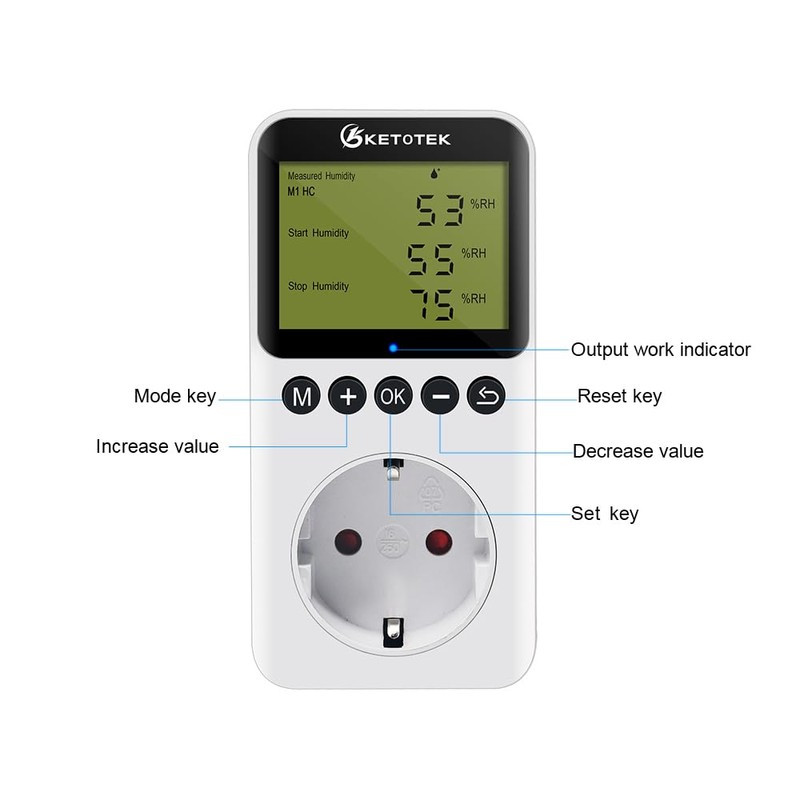 KETOTEK Hygrostat Socket Humidity Controller with Sensor 230 V, Digital