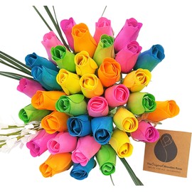 The Original Wooden Rose Spring Light Blue, Yellow, Lavender, Green, Orange and, Pink. 3 Dozen