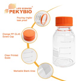 PEKYBIO Glass Media Bottle 250ml Round Storage Bottles 3.3 Borosilicate Glass Regent Bottles with PP GL45 Screw Cap (Pack of 6)