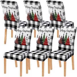 Moukeren 6 Pcs Christmas Dining Chair Covers Buffalo Plaid Trees Chair Covers Stretch Removable Washable Chair Slipcover for Christmas Holiday Party Dining Room Kitchen Home Decor (Black and White)