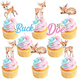 Cheereveal 24Pcs Buck or Doe Gender Reveal Cupcake Toppers, Blue and Pink Gender Reveal Decorations for Boys Girls, Deer Themed Baby Shower Birthday Party Supplies