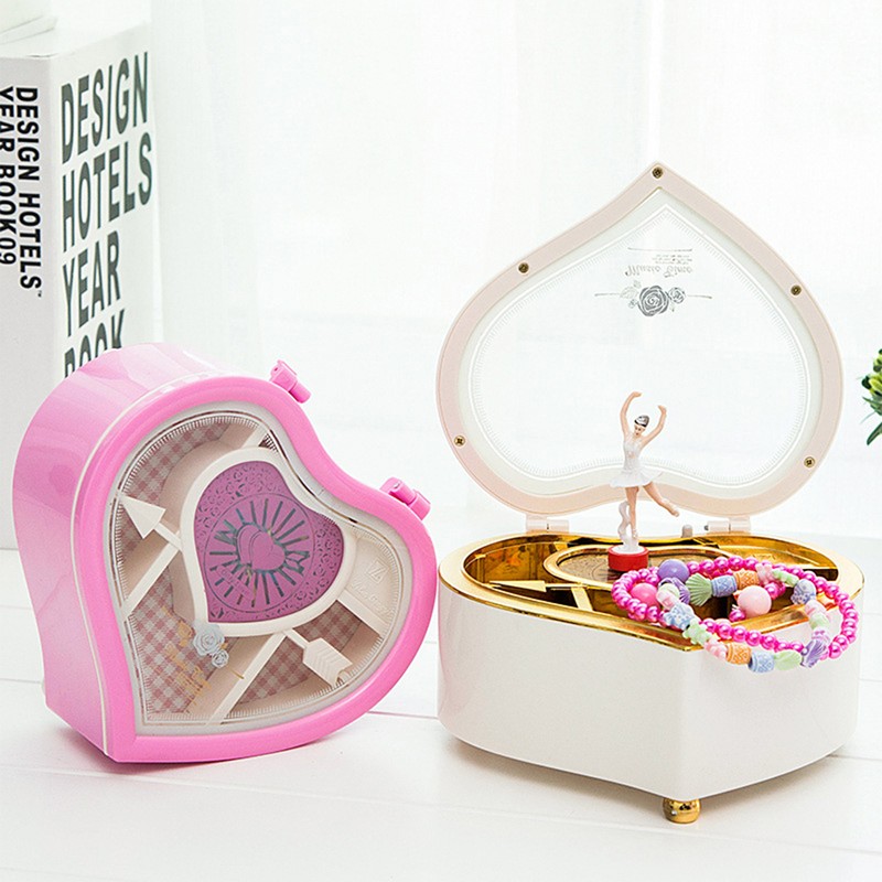 Heart Shape Dancing Ballerina Music Box Jewelry Box Carousel Swivel